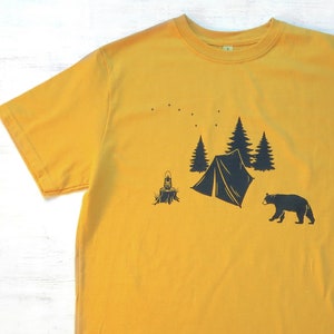 Mens Graphic Tee- Organic Cotton T Shirt- Mens Golden Yellow T Shirt- Screen Printed Shirt with Camping with Bear - Organic Clothing for Men