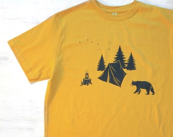 Mens Organic Cotton Camping T-Shirt – Golden Yellow Bear Graphic