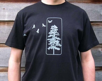 Outdoor Gift - Gift for Him - Pine Tree Tshirt for Men, Black Organic Cotton Graphic Tshirt