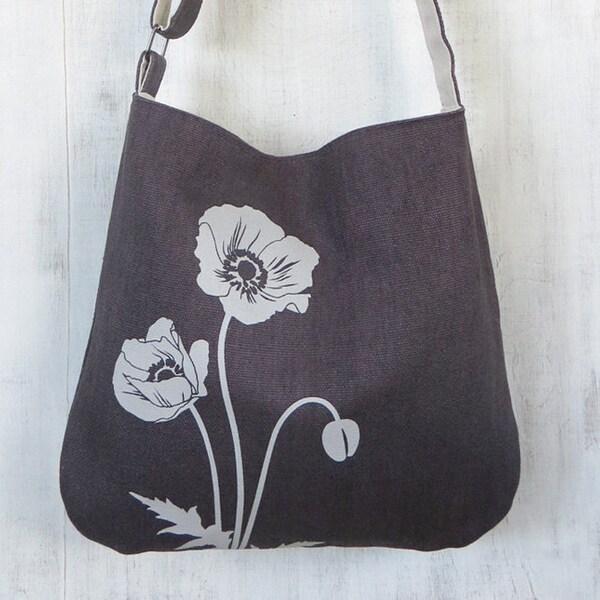 Gray Tote Handbag - Shoulder Messenger Bag for Women - Poppy Screen Printed Hemp Bag - Crossbody Bag - Fabric Tote