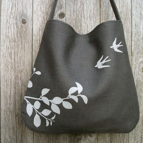 Hemp Bag with Flying Swallows - Charcoal