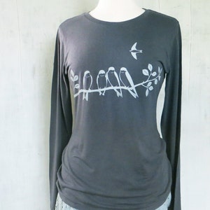 swallow bird long sleeve tshirt women, birds on a branch organic cotton shirt for women, nature lover gift for her, cute bird gifts for Mom