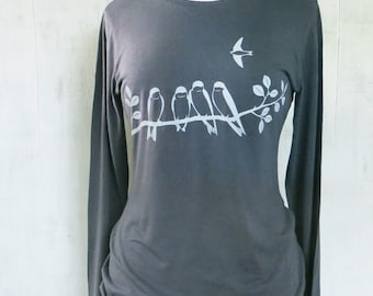 Womens Graphic Tee - Bamboo Organic Cotton Long Sleeve TShirt - Womens Tee Shirt - Grey Tee Shirt - Ladies Screen Printed TShirt- Swallows