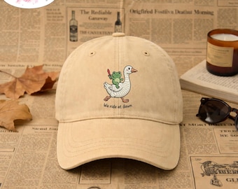 Embroidered We Ride At Dawn Hat, Funny Frog Riding Goose Baseball Cap, Whimsical Animal Meme Gift, Cute Cottagecore Aesthetic Statement