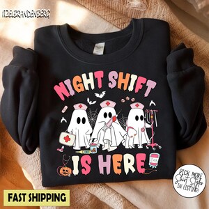 Comfort Colors® Night Shift Is Here Spooky Shirt, Halloween Nurse Shirt, Funny RN Ghost Shirt, Spooky Night Shift Shirt, Fall Nurse Gift