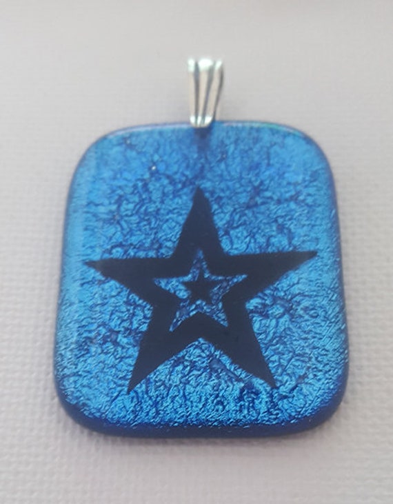 Black Triple Star On Light Blue Dichroic Fused Glass Pendant - Dichroic Pendant Light