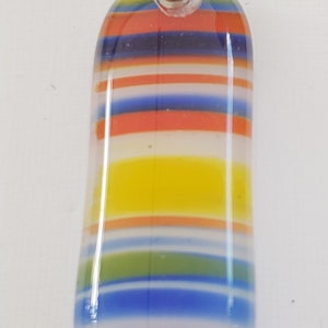 Handmade Small Primary Stripes on White Oval Fused Glass Pendant with Sterling Silver Bail