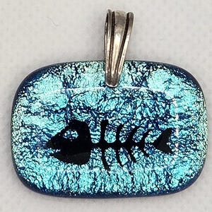 Handmade FIsh Bone Silver Blue Dichroic Fused Glass Pendant with Sterling Silver Bail
