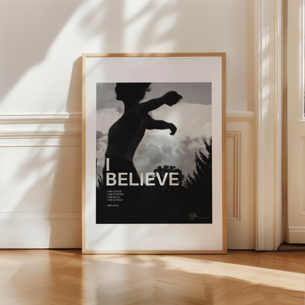 I believe | Inspirierender Fineart Druck im Ölgemälde-Stil von Karen K.| Schwarz-Weiß Wanddeko, Spirituelle Kunst, Freiheit, Lebensfreude