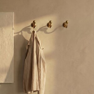May include: Three brass-colored wall hooks with a beige shirt hanging from one. The hooks have a rounded design and are mounted on a light beige wall. The shirt is made of a light-colored, textured fabric.