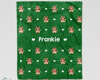 Personalized Teddy Bear Blanket - Soft Minky Blanket with Sizes for Baby, Child, Teen, or Adult! Brown Teddy Bear Pattern Green with Hearts