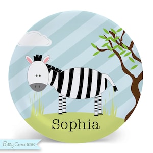 Zebra Plate - Children&#39;s Plate - Zebra Melamine Bowl or Plate Personalized (Plastic)