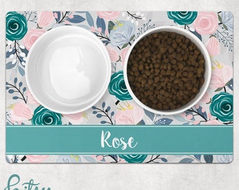 Pet Placemat - Pink and Teal Roses - Flowers - Personalized With Dog or Cat's Name Machine Washable Fabric Top with No-Slip Neoprene Back