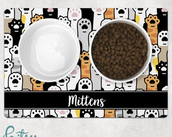 Cat Food Mat - Cute Cat Paws - Personalized With Cat's Name - Machine Washable Fabric Top with No-Slip Neoprene Back