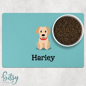 Dog Food Mat - Personalized Cartoon Dog with Pet's Name - Machine Washable Fabric Top with No-Slip Neoprene Back - Your Choice of Dog Breed