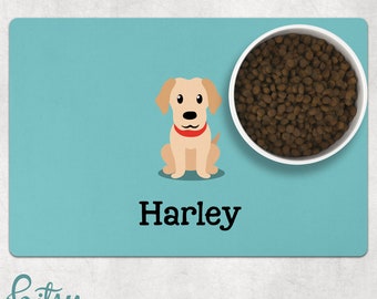 Dog Food Mat - Personalized Cartoon Dog with Pet's Name - Machine Washable Fabric Top with No-Slip Neoprene Back - Your Choice of Dog Breed