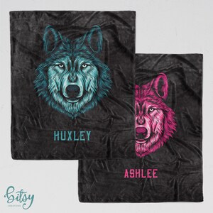 Personalized Wolf Blanket - Super Soft Minky Blanket with Sizes for Baby, Child, Teen, or Adult! Available in Blue or Pink - Sherpa Option