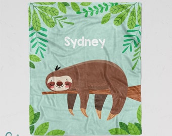 Personalized Sloth Blanket - Soft Minky Blanket - Sizes for Baby, Child, Teen, or Adult! Adorable Sleepy Sloth with Leaves - Sherpa Back