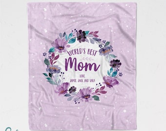 Mother's Day Blanket - World's Best Mom Purple Floral - Custom Made with Children's Names Three Sizes Available - Also great for Grandma