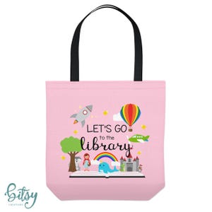 Personalized Library Tote Bag - Custom Made Library Book Bag - Three Sizes and Five Colors to Choose From Light Pink