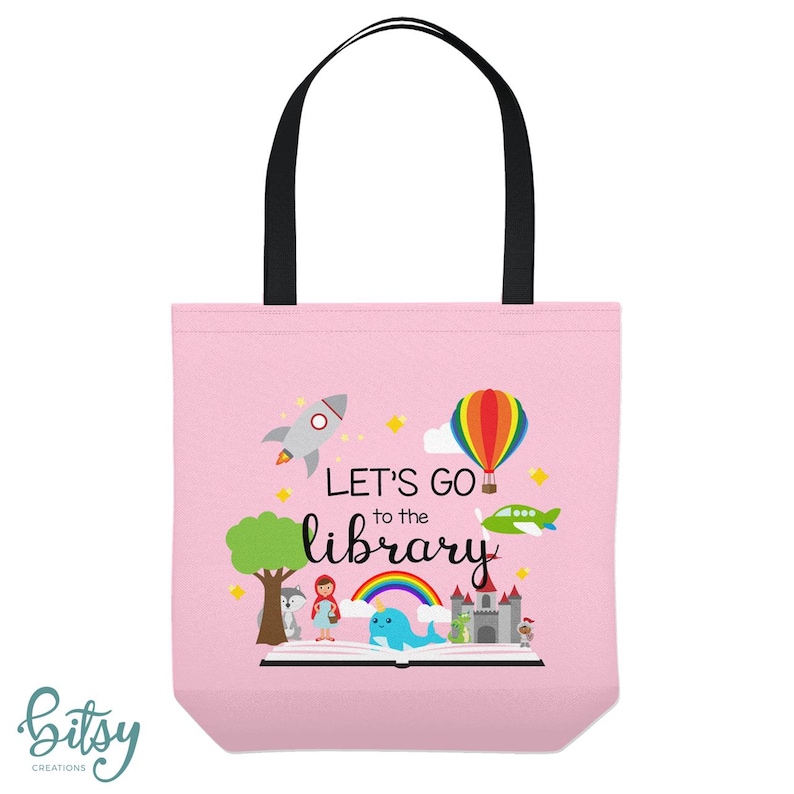 Personalized Library Tote Bag - Custom Made Library Book Bag - Three Sizes and Five Colors to Choose From Light Pink