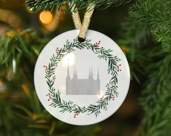 Washington D.C. Temple Ornament - LDS Temple Christmas Tree Ornament  with Christmas Wreath -  Frosted Glass Ornament - LDS DC Temple