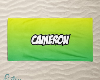 Personalized Beach Towel - Comic Book Style Name on Fluorescent Colors - Pool Towel for Kids, Teens, or Adults! Custom Made to Order