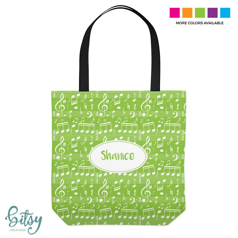 Music Lesson Tote Bag Personalized Tote for Kids or Adults Music Notes Piano Bag Three Sizes in Many Colors Green