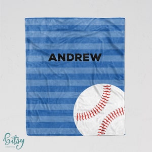 Personalized Baseball Blanket - Super Soft Minky Blanket with Sizes for Baby, Child, Teen, or Adult! Blue Stripes Sports Blanket