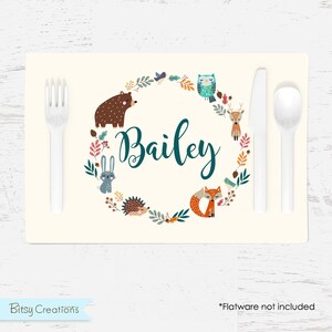 Thanksgiving Animals Placemat for Kids - Children&#39;s Autumn Fall Placemat - Personalized with Child&#39;s Name - Custom Forest Woodland