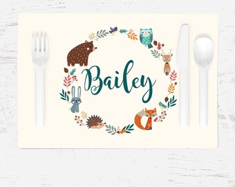 Thanksgiving Animals Placemat for Kids - Children's Autumn Fall Placemat - Personalized with Child's Name - Custom Forest Woodland