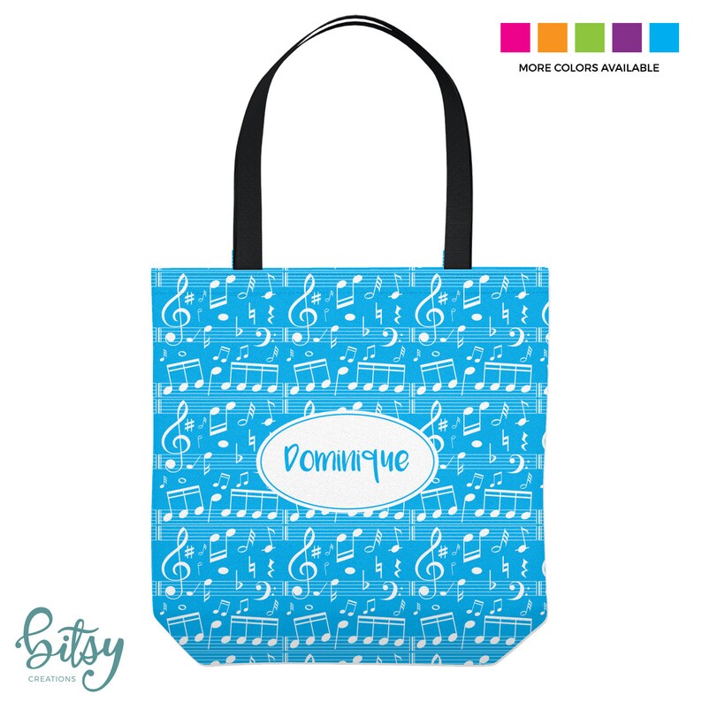 Music Lesson Tote Bag Personalized Tote for Kids or Adults Music Notes Piano Bag Three Sizes in Many Colors Blue