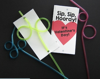May include: A Valentine's Day card with the text "Sip, Sip, Hooray! It's Valentine's Day!" printed on it. The card is decorated with a red heart. Three colorful bendy straws are included.
