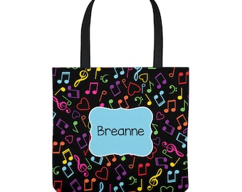 Music Notes Tote Bag - Personalized Tote for Kids - Music Lessons - Piano Bag - Three Sizes - Black or White
