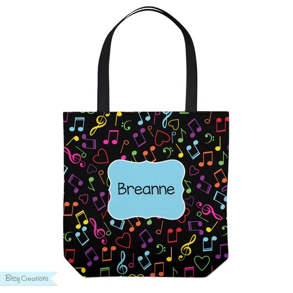 Music Notes Tote Bag - Personalized Tote for Kids - Music Lessons - Piano Bag - Three Sizes - Black or White