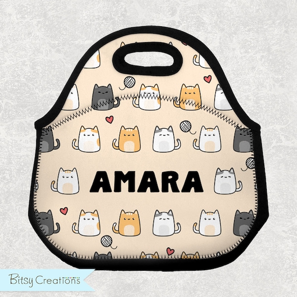 Kawaii Cats Lunch Tote - Personalized Lunch Bag for Kids - Washable Soft Neoprene - Yellow Cat Lunchbox Daycare Preschool Bottle Carrier