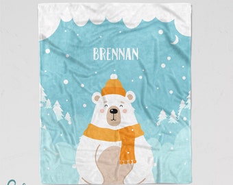 Personalized Polar Bear Blanket - Soft Minky Nursery Blanket with Sizes for Baby, Child, Teen, or Adult! Winter Bear with Snow Sherpa Back