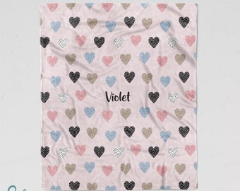 Personalized Heart Blanket - Soft Minky Blanket with Sizes for Baby, Child, Teen, or Adult! Pink Blue Black Hearts with Dots