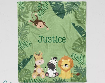 Personalized Safari Blanket - Soft Minky Nursery Blanket with Sizes for Baby, Child, Teen, or Adult! Cute Zebra, Lion, Giraffe, and Monkey