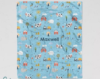 Personalized Farm Blanket - Soft Minky Blanket with Sizes for Baby, Child, Teen, or Adult! Cows Sheep Barn Tractor Chickens