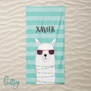 Personalized Beach Towel - Cool Llama with Sunglasses Name Pool Towel for Kids, Teens, or Adults! Custom Made to Order with Child&#39;s name