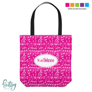 Music Lesson Tote Bag Personalized Tote for Kids or Adults Music Notes Piano Bag Three Sizes in Many Colors Pink