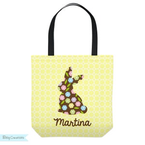 Personalized Easter Tote Bag - Floral Bunny on Yellow - Personalized with Child&#39;s Name - Three Sizes