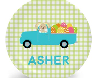 Easter Bunny Plate - Personalized Tableware Set for Kids - Easter Bunny in Truck with Eggs - Child's Plate Bowl Mug Placemat - Gift for Kids