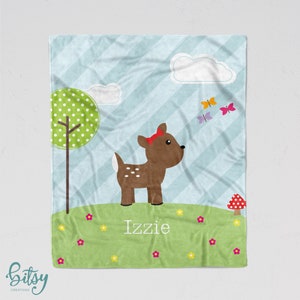 Personalized Deer Blanket - Soft Minky Blanket with Sizes for Baby, Child, Teen, or Adult! Cute Deer with Bow Butterflies Flowers