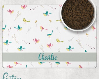 Pet Food Mat - Personalized With Dog or Cat's Name - Colorful Birds - Machine Washable Fabric Top with No-Slip Neoprene Back