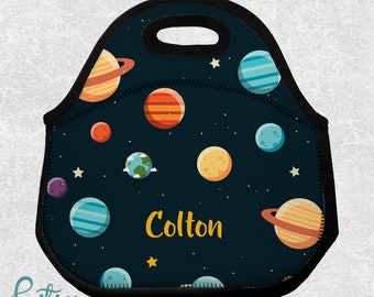 Personalized Space Lunch Tote - Lunch Bag for Kids - Washable Soft Neoprene - Lunchbox Daycare Preschool - Colorful Planets and Stars
