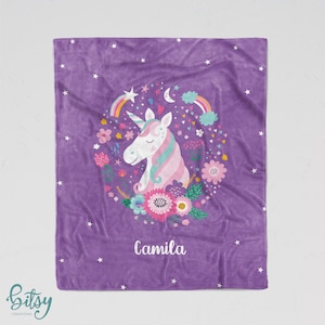Personalized Unicorn Blanket - Rainbow Unicorn on Purple - Soft Minky - Sizes for Baby, Child, Teen, or Adult! Custom Made with Any Name