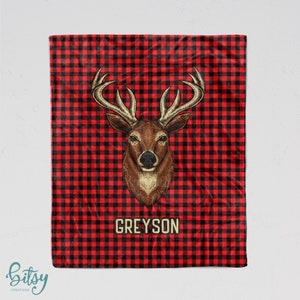 Personalized Deer Blanket - Super Soft Minky Blanket with Sizes for Baby, Child, Teen, or Adult! Red Buffalo Plaid Hunting Blanket with Buck