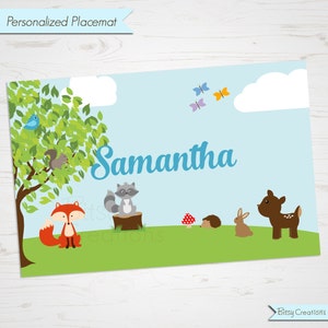 Children&#39;s Placemat - Woodland Animals Placemat - Personalized with Child&#39;s Name - Custom Placemat